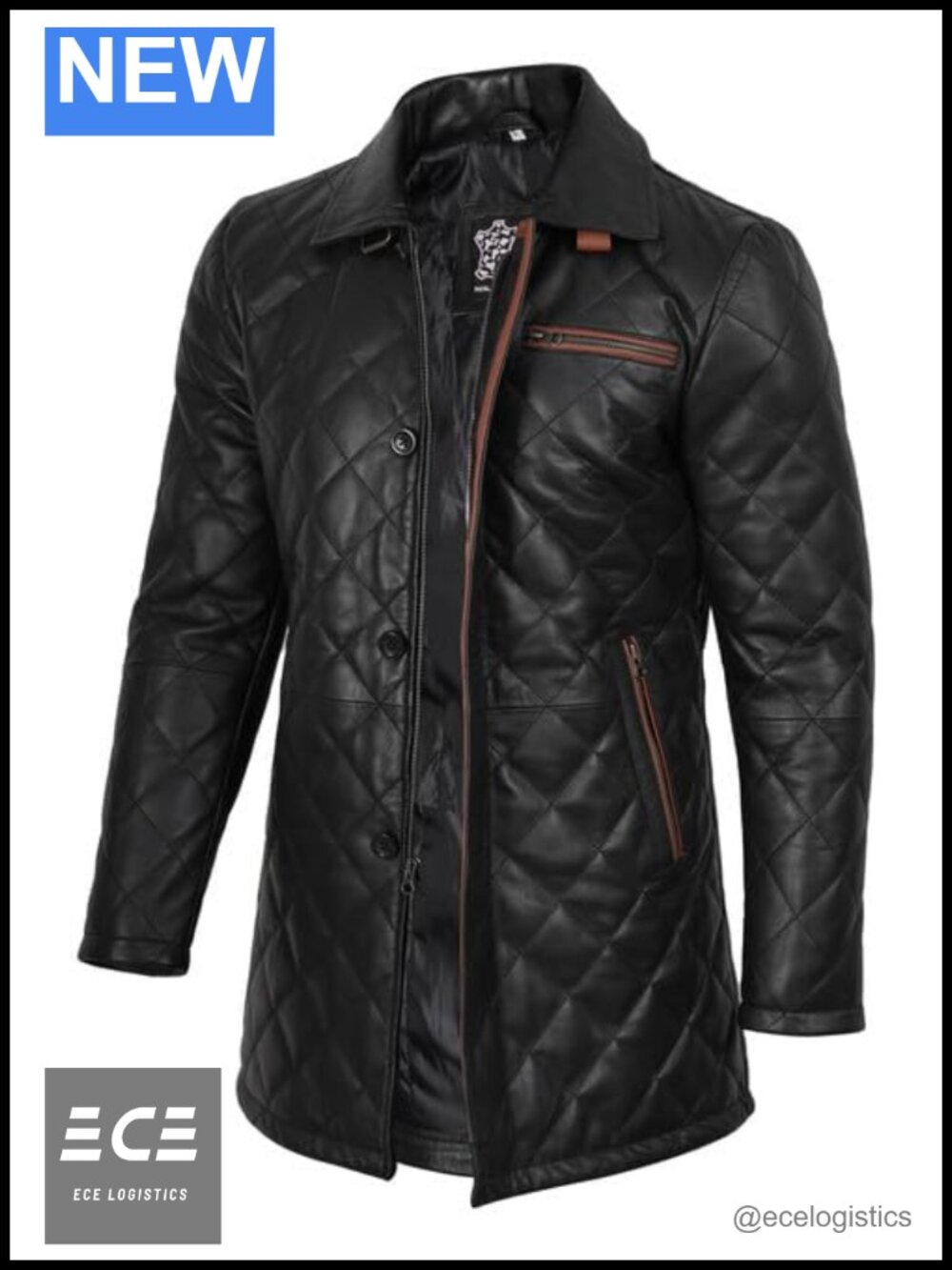 Real Lambskin Leather Car Coat Quilted Button Closure Mobile Pocket